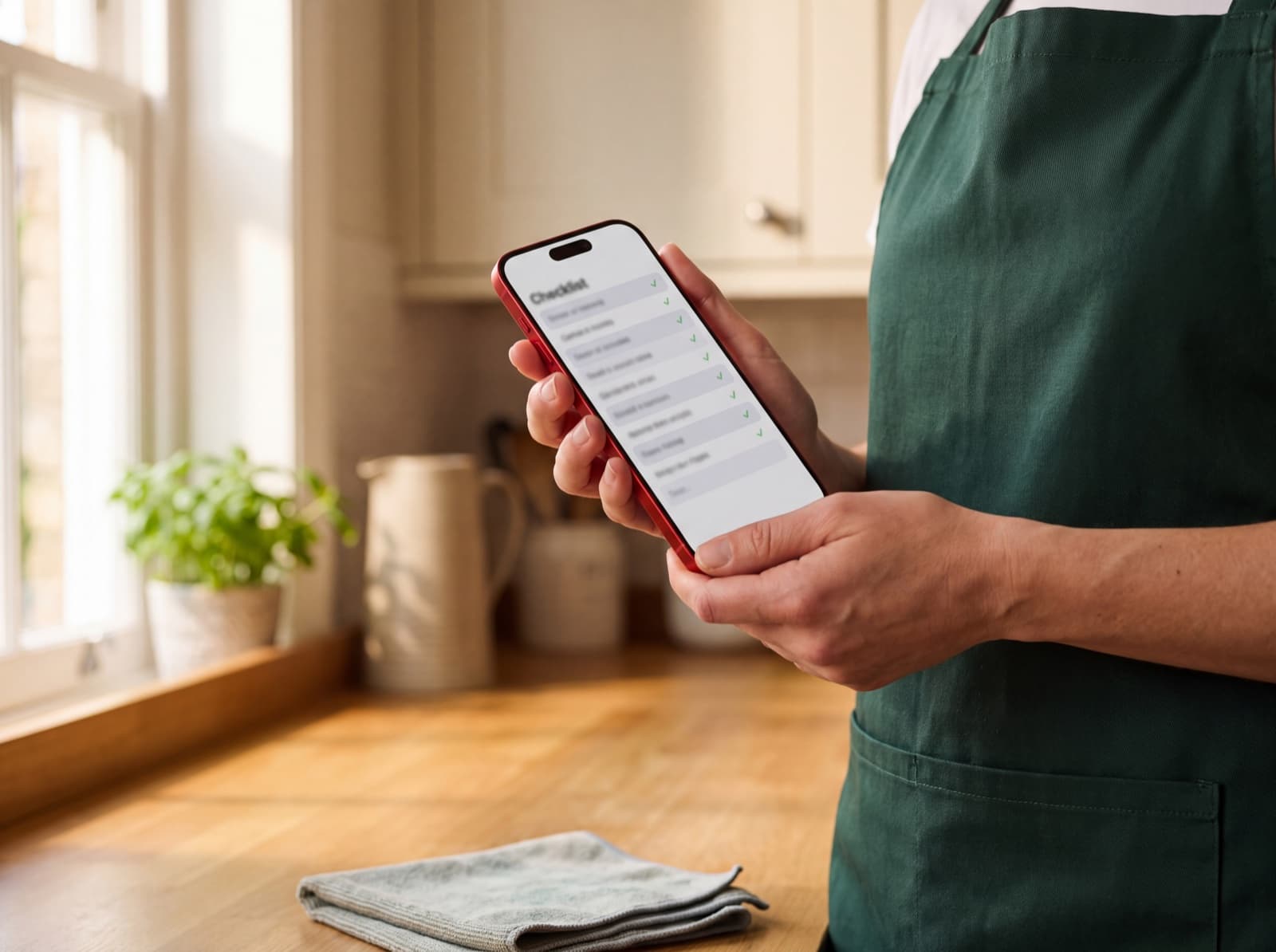 A cleaner holding a phone showing the checklist for a job, with a folded microfibre cloth on the worktop